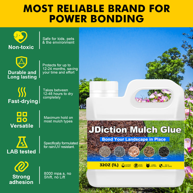 JDiction Mulch Glue for Landscaping 32oz, Adhesive for Paving, Gravel Binder for Pebbles & Stones, Weather Resistant, Water Permeable