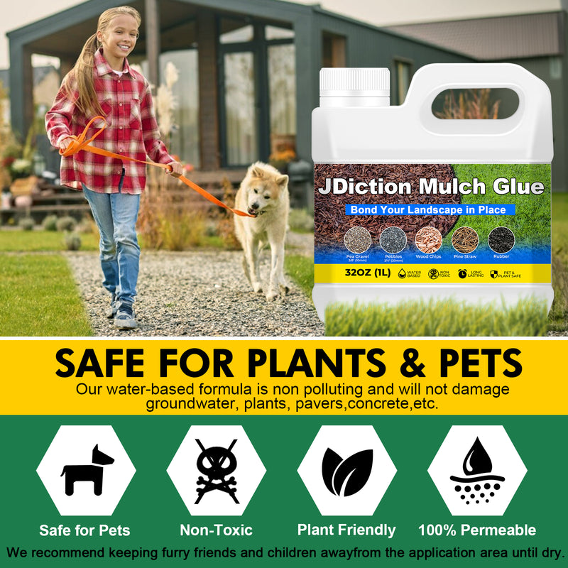 JDiction Mulch Glue for Landscaping 32oz, Adhesive for Paving, Gravel Binder for Pebbles & Stones, Weather Resistant, Water Permeable
